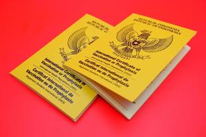 international certificate of vaccination or prophylaxis isolated on red background. yellow book as a sign of vaccination. 2 yellow books of vaccines from Indonesia photo