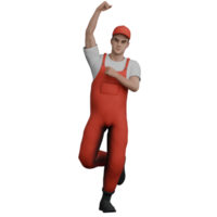 3D Automotive Practitioner. A male mechanic stands with his left hand clenched upwards while his right hand is clenched above his chest. Male Mechanic png