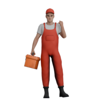 Automotive Service Expert in 3D. A male mechanic stands holding a tool box in his left hand and clenching his right fist. Cartoon Mechanic png