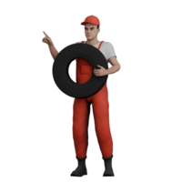 3D Animated Mechanic. A male mechanic stands holding a tire in front of his chest with his right hand and his left hand pointing up. Male Electrical Systems Expert png