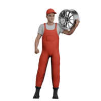Male Mechanic 3D Model. A male mechanic stands while lifting a car tire in his right hand. Vehicle Troubleshooting Environment png