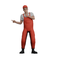 Cartoon Style Engine Mechanic. A male mechanic stands pointing to the side with both hands. 3D Male png