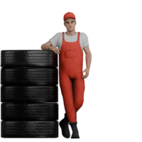 Male Mechanic Professionalism in 3D. A male mechanic stands while leaning on a pile of car tires. Automotive Services png