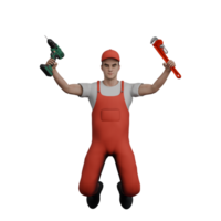 Male Mechanic in Automotive Setting. A male mechanic jumps while holding a drill and a wrench in both hands. 3D Character png