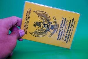 hand holding international certificate of vaccination or prophylaxis isolated on green background. yellow book as a sign of vaccination photo