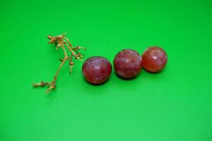 3 grapes and their branches isolated on green background. Fresh purple grapes. photo