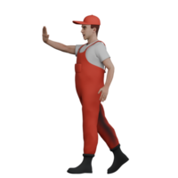 Male Mechanic in Automotive 3D. A male mechanic is walking while his right hand is waving forward, as if giving a prohibition or guiding parking. Professional Character png
