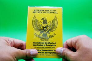 hand holding international certificate of vaccination or prophylaxis isolated on green background. yellow book as a sign of vaccination photo