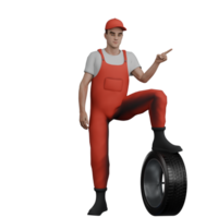3D Professional Male in Mechanic Role. A male mechanic is standing while his left foot is stepping on a car band while his left hand is pointing forward. Automotive png