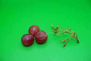 3 grapes and their branches isolated on green background. Fresh purple grapes. photo