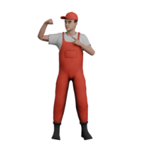 Professional Mechanic Character in 3D. A male mechanic is standing with his right hand clenched into a fist and his left hand pointing to the right. Male png