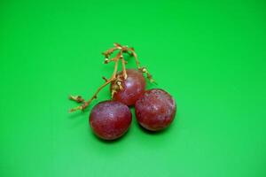 3 grapes and their branches isolated on green background. Fresh purple grapes. photo