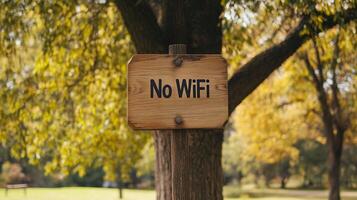 No WiFi wooden sign positioned in a serene park, surrounded by trees with warm nature and golden sunlight. No WiFi zone. photo