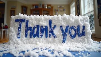 Thank You Message Written in Snowy Foam Texture. Thankful background with blue and white color mix, indoor space. photo