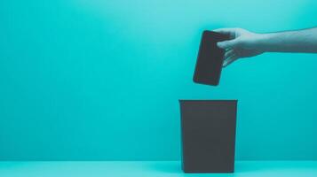 Minimalist Image of a smartphone being discarded into a trash bin. Simple digital detox, offline background. Copy space for text. photo