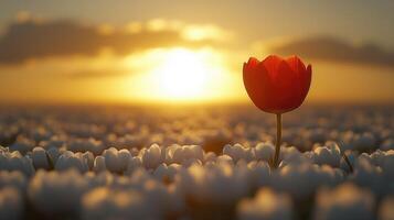 A vibrant red flower in sharp focus, standing amidst a field of blurred white flowers with a golden sunset in the background. Single red blossom among white, a symbol of individuality at sunset. photo