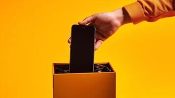 Man's hand putting smartphone into trash on a yellow background. Phone addiction, self control and digital detox concept. photo