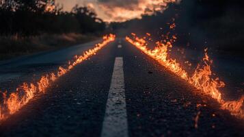 Roadway scene with flames burning alongside the road, creating a sense of intensity, speed, and energy. Fiery tracks from a speeding car. photo