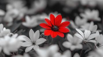 Single vibrant red flower isolated on white flower field with black and white filter. Concept of individuality, uniqueness, and standing out in a crowd. photo
