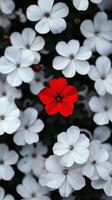 A single red flower standing out among multiple white flowers. Showcase stands out from the crowd. Concept of contrast, uniqueness, individuality, and beauty in difference. photo