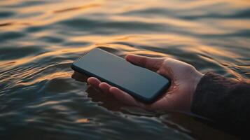 A hand holding a wet smartphone, partially submerged in water at sunset. Concept of waterproof phone, reduce stress, connect with nature, digital detox. photo