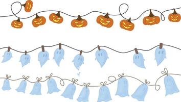 Hand drawn halloween garlands. Pumpkin jack lantern with lightening, ghosts on threads with bows and loops, phantoms on clothespin. Spooky decoration isolated on white. vector