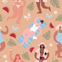 Summer beach party. Different people in swimsuits have fun. Seamless pattern for any design. vector