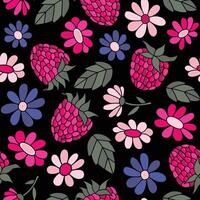Seamless pattern of childish hand-drawn raspberry berries and flowers. Colorful bright illustration. vector