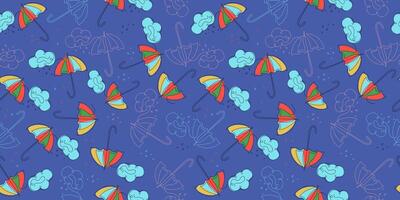Pattern umbrellas line art. Cloud, rain. Raindrops. Rainy weather. Outline drawing. Seamless background. vector