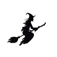 silhouette of a witch flying with a broom and a scary hat. Flat character illustration for halloween vector