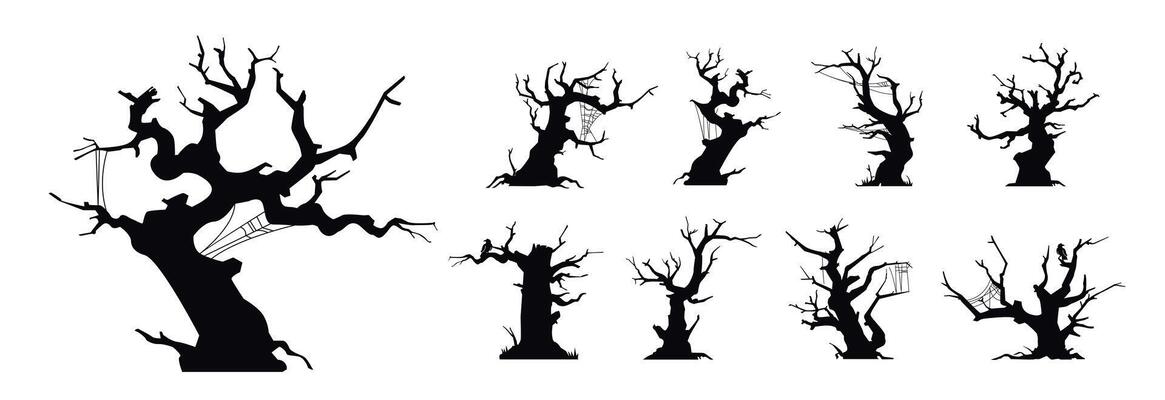 collection Silhouette of landscape icons of various trees and branches for halloween, nature illustration