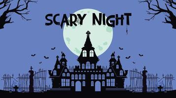 Illustration of a spooky castle at night with a cemetery gate, and a full moon vector