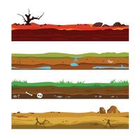 layers of soil in various conditions and places, cross-section of natural earth texture with lava, green grass, gravel and desert vector