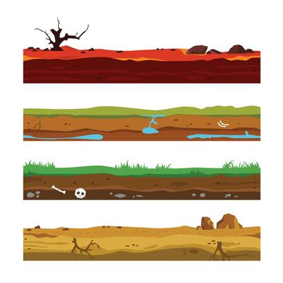 layers of soil in various conditions and places, cross-section of natural earth texture with lava, green grass, gravel and desert