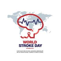 World Stroke Day, illustration of a brain-shaped ribbon with side-view frequency with world map vector