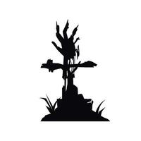Creepy cross grave icon with zombie hand. Flat illustration of death icon, perfect for Halloween. vector