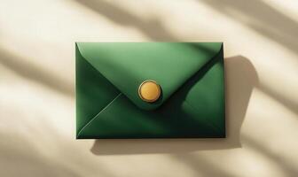 A green envelope with a gold button on it photo