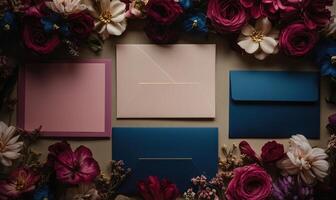A variety of colorful flowers and envelopes, creating a vibrant photo