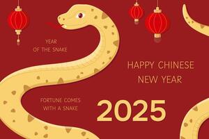New year background with the symbol of 2025 snake and Chinese lanterns. Fortune comes with a snake. Year of the snake cute illustration. Golden snake on red background. Lunar new year 2025 vector