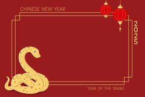 New year border frame in red and gold colors with a snake and Chinese lanterns. Symbol of the year 2025. Lunar new year of the snake cute illustration. Design of background, card, calendar vector