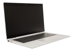 Modern light gray laptop with sleek design, on transparent background. Side view. Cut out computer, notebook with black, blank display. Technology, work from home theme, office equipment. png
