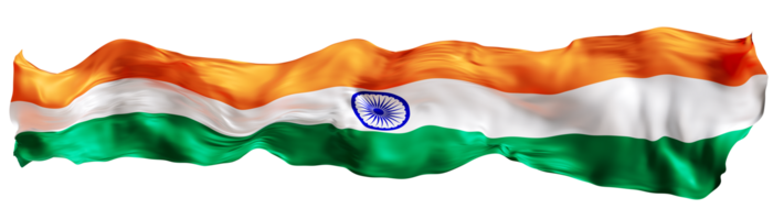 Stylized flag of India waving in the wind on transparent background. Footer, header or divider. Cut out wide, panoramic element. Banner for patriotic themes or national event promotions. 3D. png