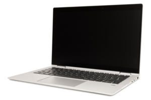 Modern silver laptop with sleek design, on transparent background. Side view. Cut out computer, notebook with black, blank display. Technology, work from home theme, office equipment. png