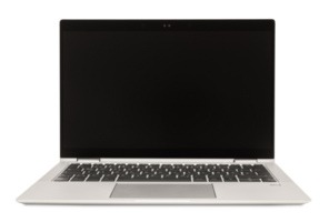 Modern light gray laptop with sleek design, on transparent background. Front view. Cut out computer, notebook with black, blank display. Technology, work from home theme, office equipment. png