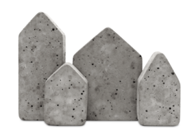 Concrete house-shaped blocks varying in size, on transparent background. Raw industrial look. Stylized building, architecture, real estate symbol. Houses row. Minimalistic design. png