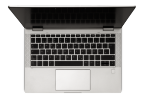 Modern light gray laptop with sleek design, on transparent background. Top view. Cut out computer, notebook with black, blank display. Technology, work from home theme, office equipment. png