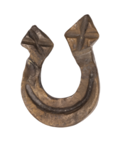Metal stylized horseshoe with weathered and rustic finish, on transparent background. Vintage look. It's classic symbol of luck and protection, talisman for good fortune. Top view, flat lay. png