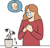 Problem of infertility upsets woman, crying standing near withered flower, and dreaming of child. Girl is sick with infertility caused by poor ecology or congenital disease of reproductive function png