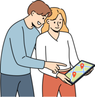 Digital maps are used by man and woman to plot route while traveling to new city. Happy couple holding electronic tablet with street map for navigation and geotags of must-see places png