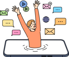 Man with digital addiction has become slave to mobile phone, and is drowning in gadget display. Concept of problems caused by digital addiction and surfing too long in smartphone applications png